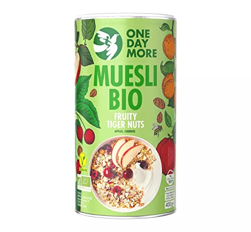 OneDayMore Früchte Müsli mit Erdmandeln | 400g Vegan Fit Musli Frühstück | Viele Früchte Haferflocken Aus 100% Natürlichen Zutaten | Muesli mit Kirschen Kokosnussflocken Aprikosen | Zuckerfrei von OneDayMore