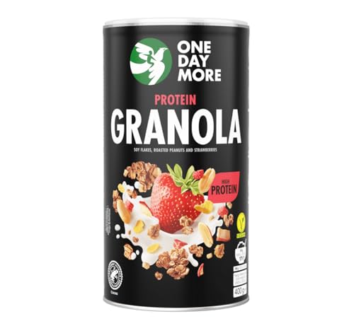 OneDayMore Protein Granola | 450g Viele Früchte Haferflocken Müsli | Vegan Fit Muesli Essen 27,3g Eiweiss Frühstück 100% Natürlich | Kakao Erdbeeren Musli von OneDayMore