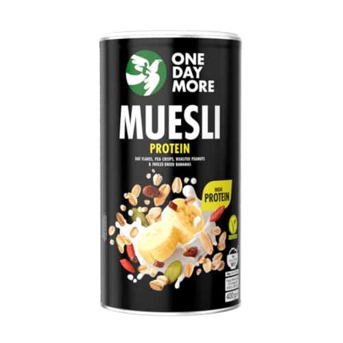 OneDayMore Protein Müsli | 450g Viele Früchte Haferflocken Müsli | Vegan Fit Muesli Essen Frühstück 100% Natürlich | Dateln Erdnüsse Salt Bananen Musli von OneDayMore