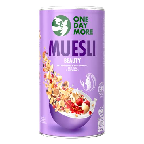 OneDayMore Schönheit Müsli Muesli Beauty | 450g Für Jeden Tag Musli Haferflocken Fit Frühstück | Muesli Gesunde mit Erdmandeln Apfel Schokolade | Viele Früchte Snack Aus 100% Natürlichen Zutaten von OneDayMore