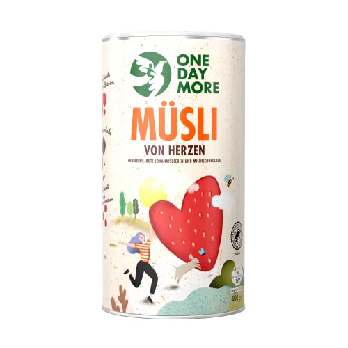 OneDayMore Schoko Müsli von Herzen | 400g Vegan Musli Viele Früchte ohne Salt | Haferflocken Frühstück 100% Natürlich Muesli | Gesunde Fit Essen mit Erdbeeren von OneDayMore