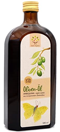 Bio-Olivenöl ARBEQUINA nativ extra 500 ml, traditionell hergestellt, kaltgepresst aus Arbequina Oliven von Open Organic