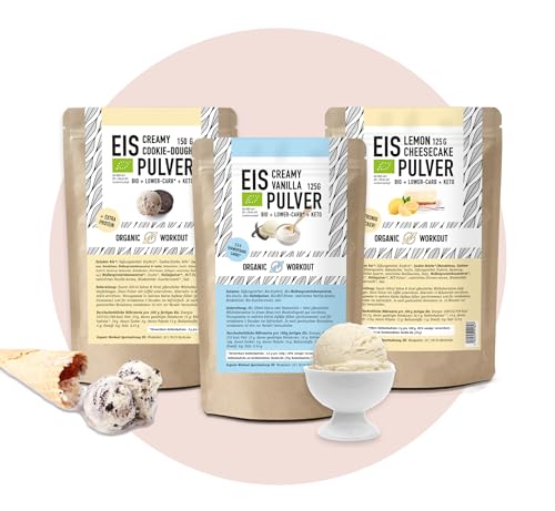 Lower-Carb* Eis Mix - 3x Cremiges Eis mit Erythrit gesüsst, bio, ohne Zucker-Zusatz nur 2,5 g verwertbare Kohlenhydrate - keto ohne Maltit (3 Sorten - Mix) von Organic Workout