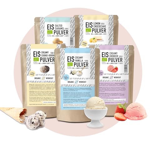 Lower-Carb* Eis Mix - 5x Cremiges Eis mit Erythrit gesüsst, bio, ohne Zucker-Zusatz nur 2,5 g verwertbare Kohlenhydrate - keto ohne Maltit (5 Sorten - Mix) (5 Sorten - Mix) von Organic Workout