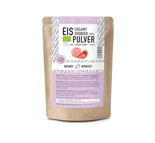 Lower-Carb* Erdbeer Eis Mix - Cremiges Eis mit Erythrit gesüsst, bio, ohne Zucker-Zusatz nur 2,5 g verwertbare Kohlenhydrate - keto ohne Maltit - glutenfrei, bio - 125 g, Organic Workout (Erdbeere) von Organic Workout