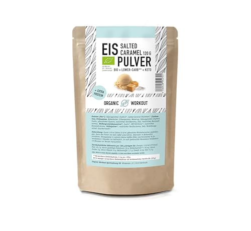 Lower-Carb* Salted Caramel Eis Mix - Cremiges Eis mit Erythrit gesüsst, bio, ohne Zucker-Zusatz nur 2,5 g verwertbare Kohlenhydrate - keto ohne Maltit - glutenfrei, bio - 125 g (Salted Caramel) von Organic Workout