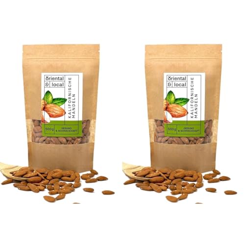 Oriental & Local Kalifornische Mandeln 500g - Mandeln Ganz - Mandeln Naturbelassen - Gesunde Snacks - Almonds 0,5kg (Packung mit 2) von Oriental & Local