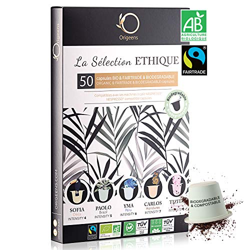 Nespresso Kapseln Kompatibel | BIO FAIRTRADE Arabica Kaffee in Kapseln Biologisch abbaubar | Premium Probierset mit 50 Kaffeekapseln | Traditionelle Röstung von Origeens