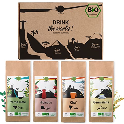 ORIGEENS BIO TEE GESCHENKSET „GETRÄNKE AUS ALLER WELT“ - Hibiskustee, Mate, Chai Tee, Genmaicha Grüntee - Tee Set 4x80g von Origeens