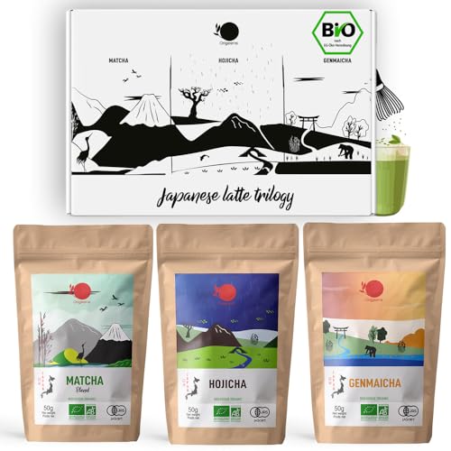 ORIGEENS SET MATCHA LATTE TRILOGY GESCHENCKSET- Matcha Tee Bio, Hojicha Tee Bio, Genmaicha Tee Bio, Pulver - 3 * 50g Teepulver für Matcha Latte - Matcha Tea von Origeens