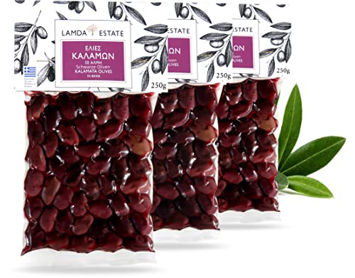 Lamda Estate - schwarze griechische Oliven Kalamata mit Stein | eingelegte frische Kalamon Olive Vakuum 3x 250g von Original Greek