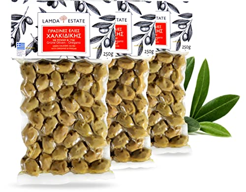 Lamda Estate - griechische grüne Oliven mit Stein | eingelegte Oliven mit Oregano | Vakuum 3x 250g von Original Greek