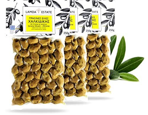 Lamda Estate - griechische grüne Oliven mit Stein | eingelegte Oliven mit Zitrone | Vakuum 3x 250g von Original Greek