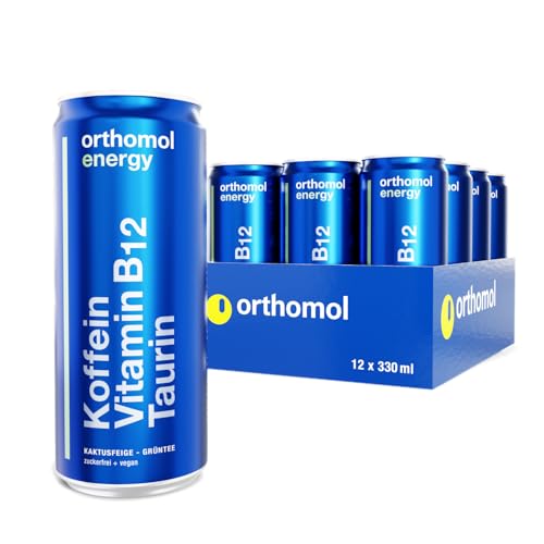 Orthomol Energy - Koffein-, taurinhaltiges Erfrischungsgetränk mit Vitamin B12 und Aminosäuren zur Verringerung von Müdigkeit und Erschöpfung – 12 Dosen x 330 ml - 105 mg Koffein von Orthomol