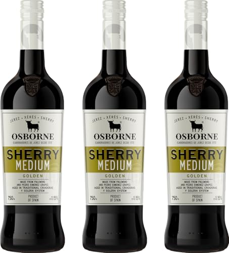 Osborne Sherry Golden Medium – Hochwertiger, halbtrockener Sherry, hergestellt nach dem Solera-Verfahren aus Andalusien in Spanien mit 15% vol. (3 x 0,75l) von Osborne