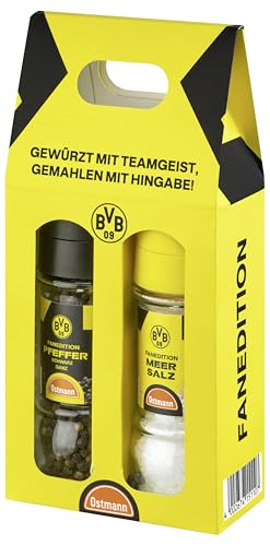 BVB x Ostmann – Gewürzmühlen-Set | Ungemahlenes Meersalz und ganzer schwarzer Pfeffer in der Borussia Dortmund Fanedition | BVB Gewürze zum Verschenken | 130 g Salz / 60 g Pfeffer von Ostmann