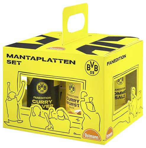 BVB x Ostmann – Manta-Platten-Set | Currywurst-Pommes für Selbermachen | Pommessalz, Currypulver, Currywurstsauce und 8 Schalen in der BVB-Fanedition | Ideal zum Verschenken von Ostmann