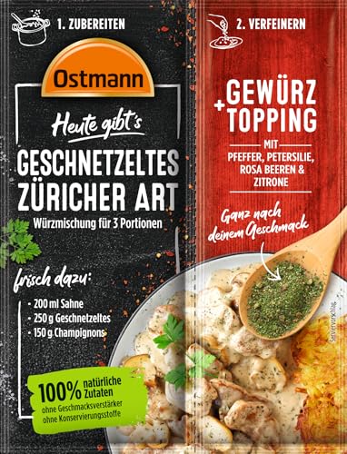 Ostmann Gewürze - Heute gibt's Geschnetzeltes Züricher Art | Würzmischung für 4 Portionen mit passendem Gewürztopping zum individuellen Verfeinern | 100 % natürliche Zutaten | 27 g im Beutel von Ostmann