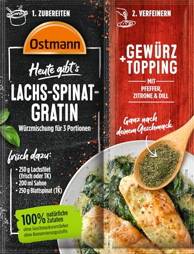 Ostmann Gewürze - Heute gibt's Lachs-Spinat-Gratin | Würzmischung für 3 Portionen mit passendem Gewürztopping aus Pfeffer, Zitrone und Dill | 100 % natürliche Zutaten | 22 g im Beutel von Ostmann