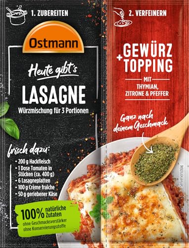 Ostmann Gewürze - Heute gibt's Lasagne | Würzmischung für 3 Portionen Lasagne mit passendem Gewürztopping aus Thymian, Pfeffer und Zitrone | 100 % natürliche Zutaten | 33 g im Beutel von Ostmann