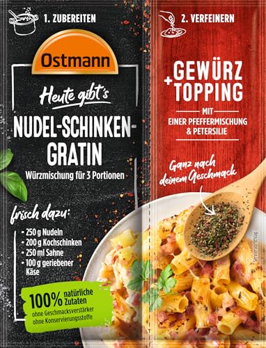 Ostmann Gewürze - Heute gibt's Nudel-Schinken-Gratin | Würzmischung für 3 Portionen Nudelgratin mit passendem Gewürztopping | 100 % natürliche Zutaten | 27 g im Beutel von Ostmann