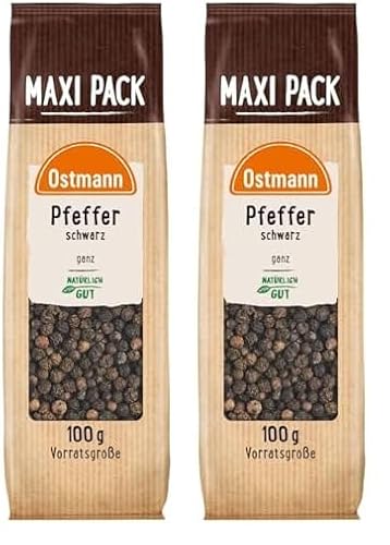 Ostmann Gewürze - Schwarze Pfefferkörner ganz | Ungemahlener Pfeffer, ideal für die Pfeffermühle oder für pikante Saucen | 100 g im Vorteilspack (Packung mit 2) von Ostmann