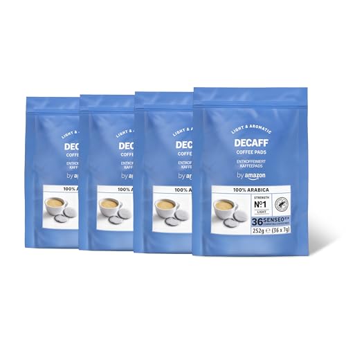 by Amazon Kaffeepads Decaf 100% Arabica, Geeignet für Senseo Maschinen, Lichte Röstung, 36 Stück, 4er-Pack von by Amazon