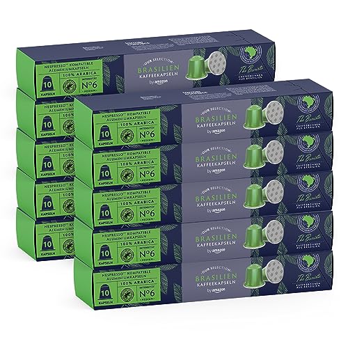 by Amazon Brasilien Kaffee Nespresso-kompatibel, Mittlere Röstung, 100 Aluminiumkapseln (10 Packungen x 10) – Rainforest Alliance-zertifiziert von by Amazon