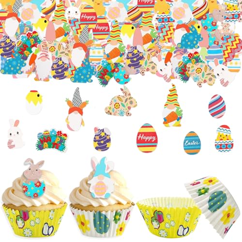 60 Stück Ostern Essbare Tortendeko, mit 50 Oster Muffinförmchen Papier, Ostern Esspapier Tortendeko, Osterhase Essbare Tortendeko, Osterdeko Deko Kuchen Essbar, zum Dekorieren von Kuchen von Ourdort