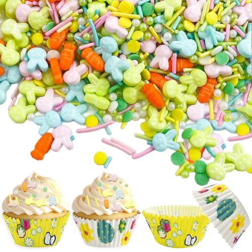 Zuckerdekor Ostern 85g, Streudeko Ostern Essbar mit 50 Oster Muffinförmchen, Zuckerperlen, Essbare Tortendeko Ostern, Kuchen Deko Ostern, Back Deko Ostern zum Dekorieren von Kuchen von Ourdort