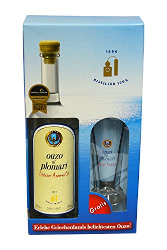 Ouzo Plomari Geschenkset Longdrink: Ouzo Plomari 0,7l mit 1 Plomari Ouzo-Glas in Geschenkverpackung von Ouzo Plomari