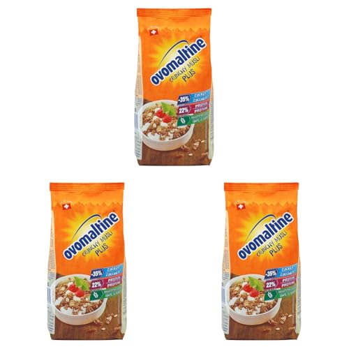 Ovomaltine Crunchy Protein Müsli Plus - Knusper- mit Haferflocken - Cerealienmischung mit 22 Prozent Protein, ein Drittel weniger Zucker und unvergleichlichem Crunch (1 x 300g) (Packung mit 3) von Ovomaltine