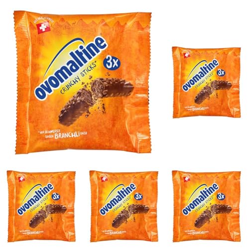 Ovomaltine Crunchy Stick Schoko-Riegel aus Schweizer Vollmilch Schokolade mit Ovomaltine-Creme, Reiscrispies und feinstem Kakao-Pulver, nachhaltig (3 x 22g) (Packung mit 5) von Ovomaltine