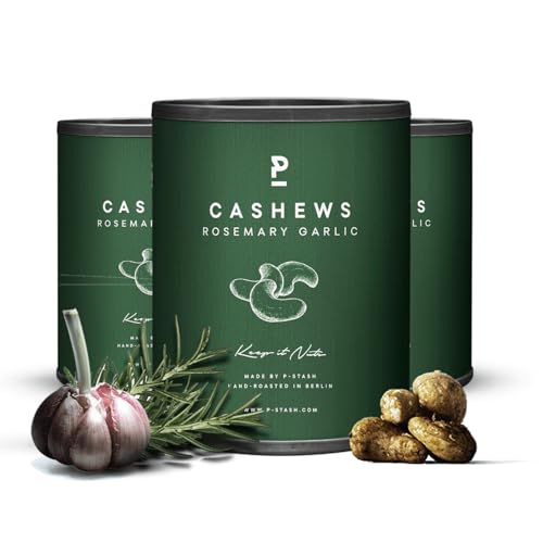 P-STASH Cashew, Edle Cashewkerne, fettfreie Trommelröstung, Nussmischung mit einzigartigen Gewürzkombinationen, Premium Nuts made in Berlin (3 x 55g, Cashew Rosmarin Knoblauch) von P-Stash