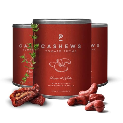 P-STASH Cashew Tomate Thymian, Edle Cashewkerne 3x55g, fettfreie Trommelröstung, Nussmischung mit einzigartigen Gewürzkombinationen, Premium Nuts made in Berlin von P-Stash