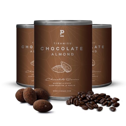 P-STASH Mandel Dunkle Schokolade Tiramisu, Edle Mandeln geröstet 3x60g, fettfreie Trommelröstung, Nussmischung mit einzigartigen Gewürzkombinationen, Premium Nuts made in Berlin von P-Stash