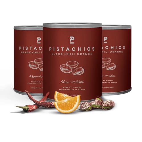 P-STASH Pistazien, Edle Nüsse, fettfreie Trommelröstung, Nussmischung mit einzigartigen Gewürzkombinationen, Premium Nuts made in Berlin (3 x 50g, Pistazien Chili Orange) von P-Stash