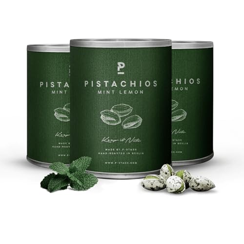 P-STASH Pistazien, Edle Nüsse, fettfreie Trommelröstung, Nussmischung mit einzigartigen Gewürzkombinationen, Premium Nuts made in Berlin (3 x 50g, Pistazien Minze Zitrone) von P-Stash