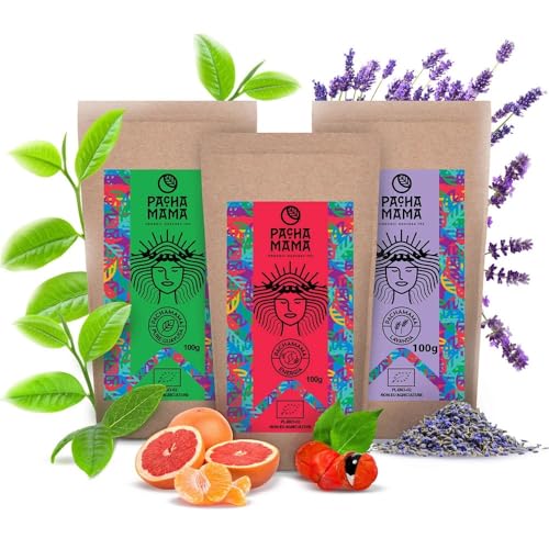 Pachamama Guayusa Tee Set 3x100g | Lavanda | Energia | Pure | Bio Ilex Guayusa aus Ecuador300g | Schwester von Yerba Mate Tee | Kaffee Alternative von PACHAMAMA