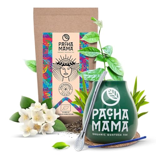 Pachamama Guayusa Tee Zubehör Set 100g | Pachamama Jazmin 0,1kg | Bio Ilex Guayusa aus Ecuador| Schwester von Yerba Mate Tee | Kalebasse | Bombilla von PACHAMAMA