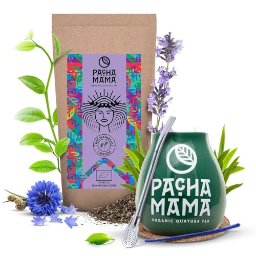 Pachamama Guayusa Tee Zubehör Set 100g | Pachamama Lavanda 0,1kg | Bio Ilex Guayusa aus Ecuador| Schwester von Yerba Mate Tee | Kalebasse | Bombilla von PACHAMAMA