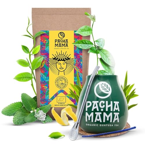 Pachamama Guayusa Tee Zubehör Set 100g | Pachamama Menta Limon | Bio Ilex Guayusa aus Ecuador| Schwester von Yerba Mate Tee | Kalebasse | Bombilla von PACHAMAMA