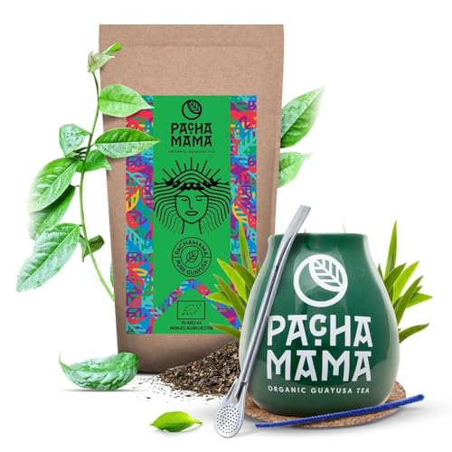 Pachamama Guayusa Tee Zubehör Set 100g | Pachamama Pure 0,1kg | Bio Ilex Guayusa aus Ecuador| Schwester von Yerba Mate Tee | Kalebasse | Bombilla von PACHAMAMA