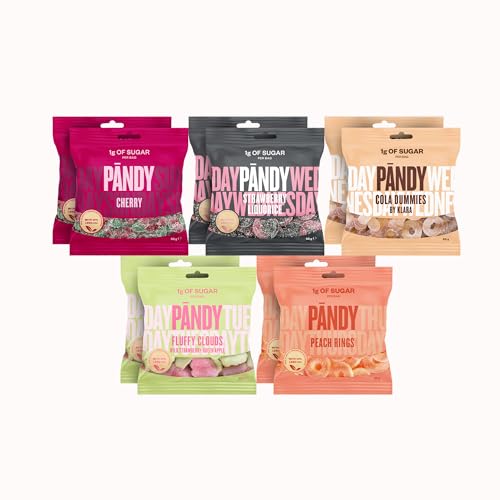 PÄNDY 10 Mix Low Carb Süßigkeiten - Gesunde Süßigkeiten – Fluffy clouds Walderdbeere und fruchtigem grünem Apfel, Erdbeere und lakritz, COLA-Dummies, Sauerkirsche, Peach Rings – 10 Tütenx50g von PÄNDY