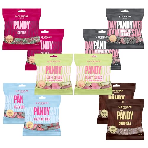 PÄNDY 10 Mix Low Carb Süßigkeiten - Gesunde Süßigkeiten – Fluffy clouds Walderdbeere und fruchtigem grünem Apfel, Erdbeere und lakritz, COLA-Drops, Sauerkirsche, Fizzy bottles – 10 Tütenx50g von PÄNDY