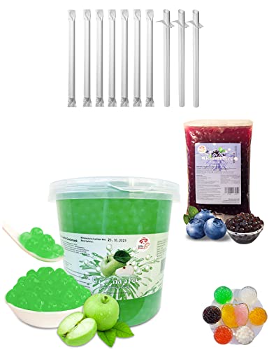 Bubble Tea DIY Set 1*3kg Apfel Popping Boba+ 1*600g Heidelbeer Popping Boba + 10st Einweg Papier Strohhalme 100% glutenfrei Alkoholfreie Getränke Boba Mix Perlen von PANDA MEISTER