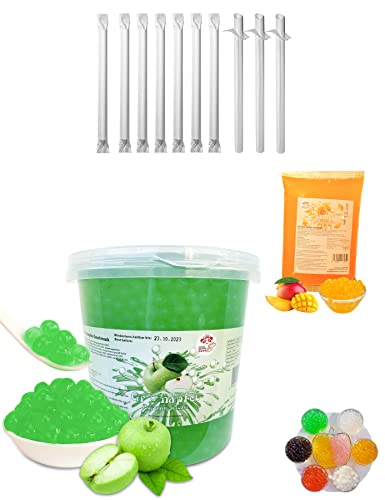 Bubble Tea DIY Set 1 * 3kg Apfel Popping Boba+ 1 * 600g Mango Popping Boba+ 10st Einweg Papier Strohhalme 100% Glutenfrei Alkoholfreie Getränke Boba Mix Perlen von PANDA MEISTER