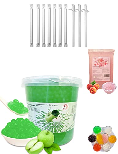 Bubble Tea DIY Set 1*3kg Apfel Popping Boba+ 1*600g Pfirsich Popping Boba + 10st Einweg Papier Trinkhalme -100% glutenfrei Alkoholfreie Getränke Boba Mix Perlen von PANDA MEISTER