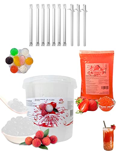 Bubble Tea DIY Set 1 * 3kg Litschi Popping Boba+ 1 * 600g Erdbeere Boba + 10st Einweg Papier Strohhalme 100% glutenfrei Alkoholfreie Getränke von PANDA MEISTER