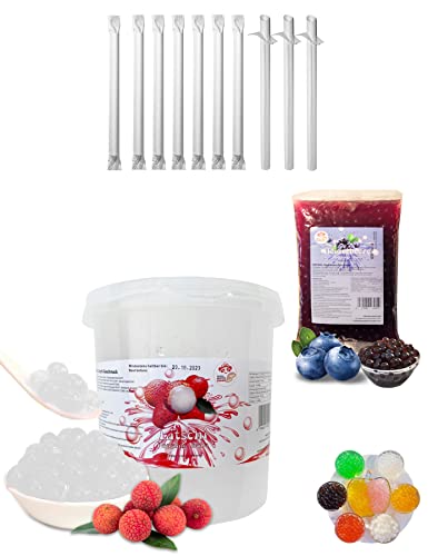 Bubble Tea DIY Set 1 * 3kg Litschi Popping Boba+ 1 * 600g Heidelbeer Popping Boba + 10st Einweg Papier Trinkhalme 100% glutenfrei Alkoholfreie Getränke Boba Mix Perlen von PANDA MEISTER